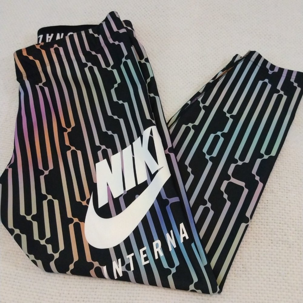 Nike International Rainbow Tights Size XL Black Multicolored Foldover Waist Band